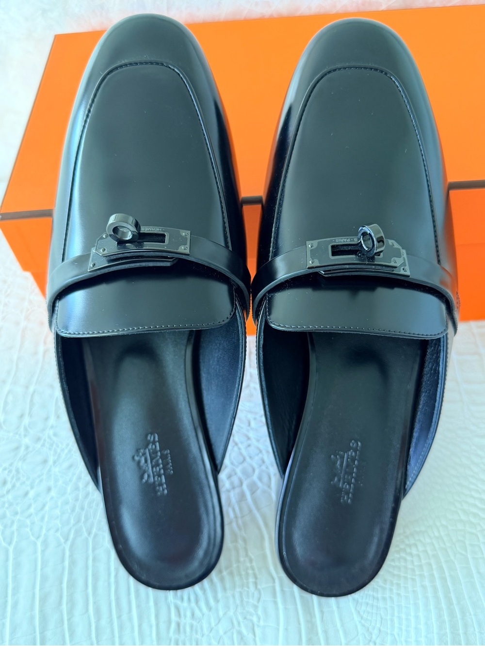Hermes Black on Black Oz Mule Leather Slip-On Loafers BNIB Size 40
